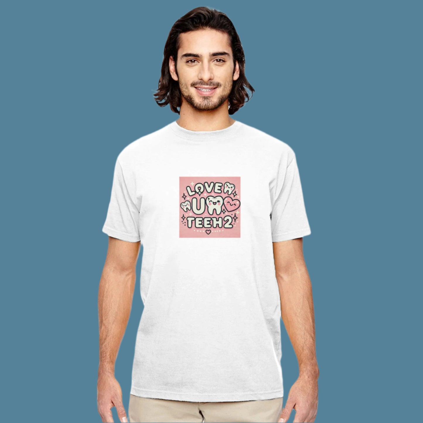 Attractive man wearing White Tshirt with Love u Teeh 2 printed on the chest blue background
