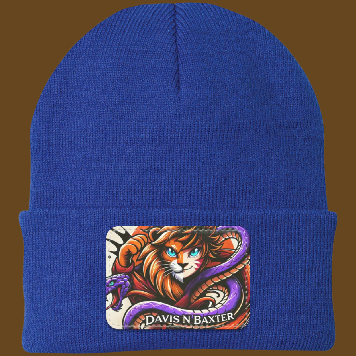 Blue Davis N Baxter Beanie with Blue rim brown background