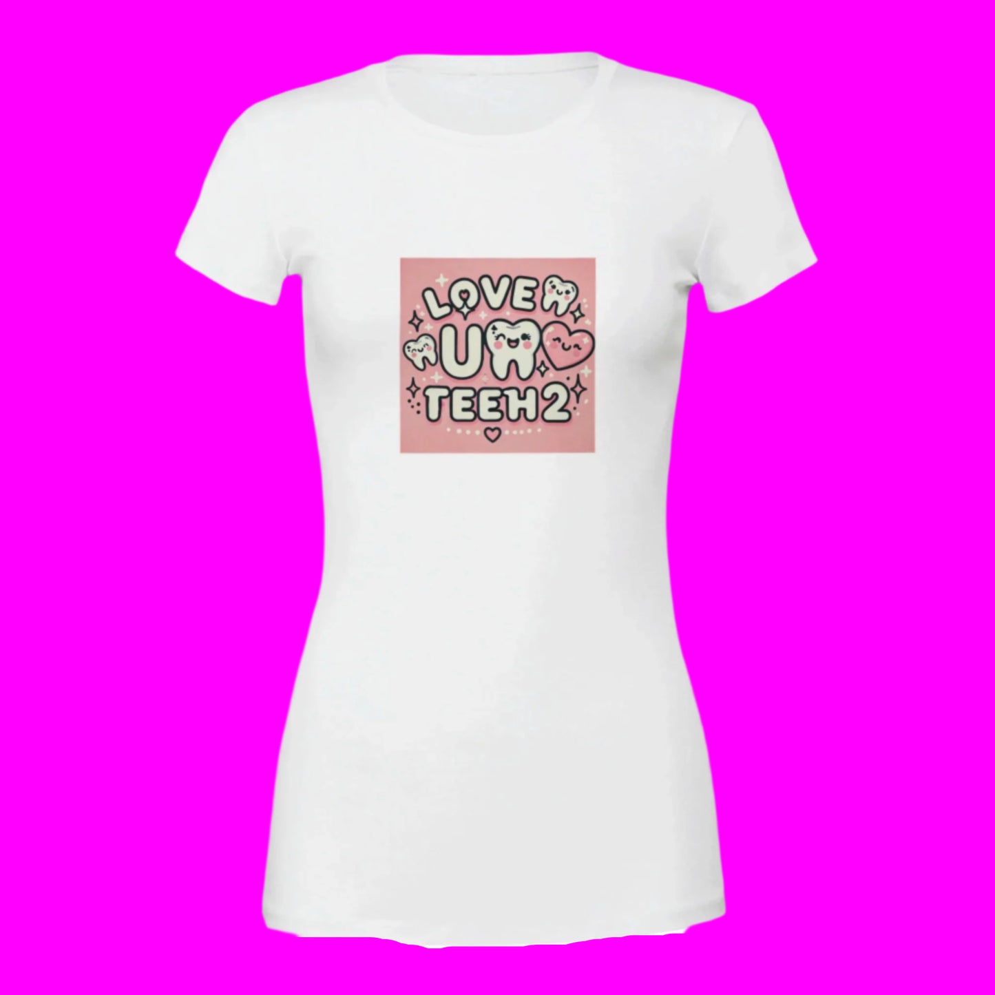 White huger crewneck Tshirt with Love u teeh 2 printed on the chest hot pink background