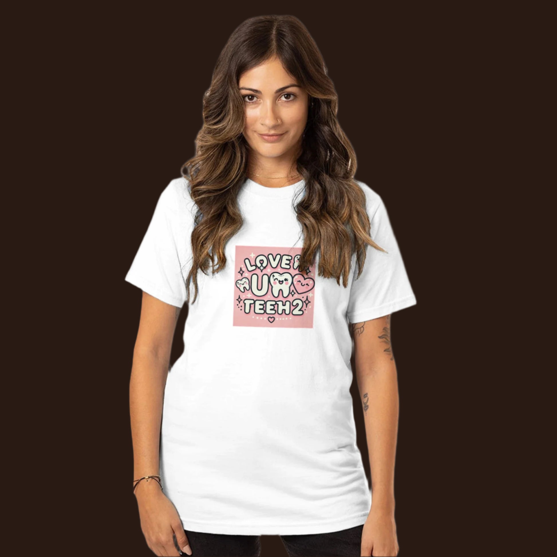 Attractive woman wearing White Tshirt with Love u Teeh 2 printed on the chest brown background
