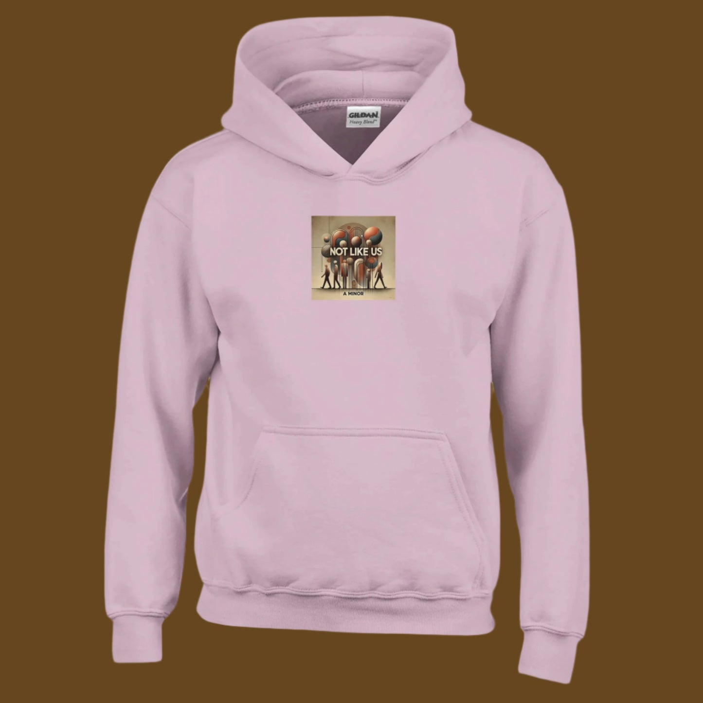 Baby Pink Hoodie sweatshirt with Not like us brown printed on the chest brown background