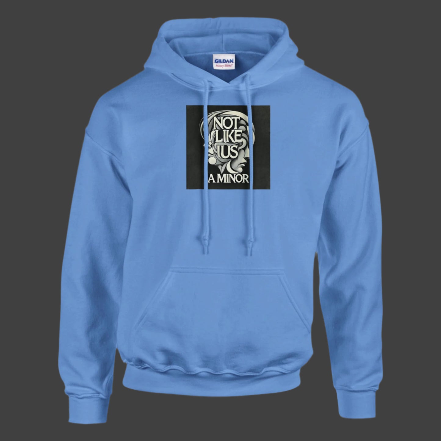 Baby blue hoodie sweatshirt with not like us a minor black printed on the chest