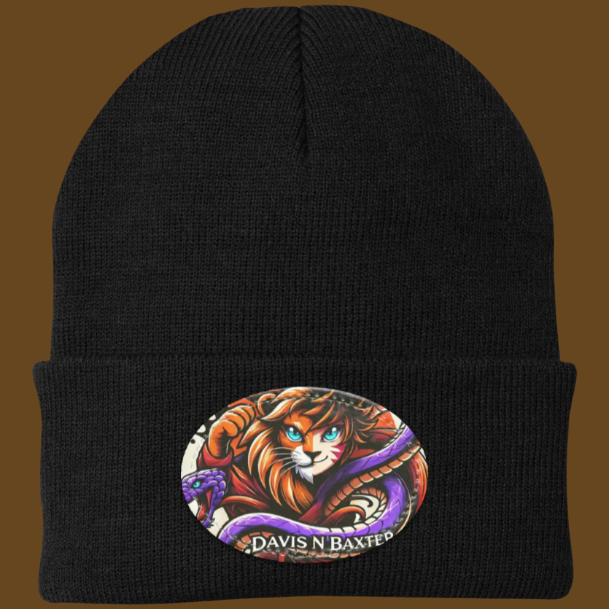 Black Davis N Baxter Beanie with Black rim Brown background
