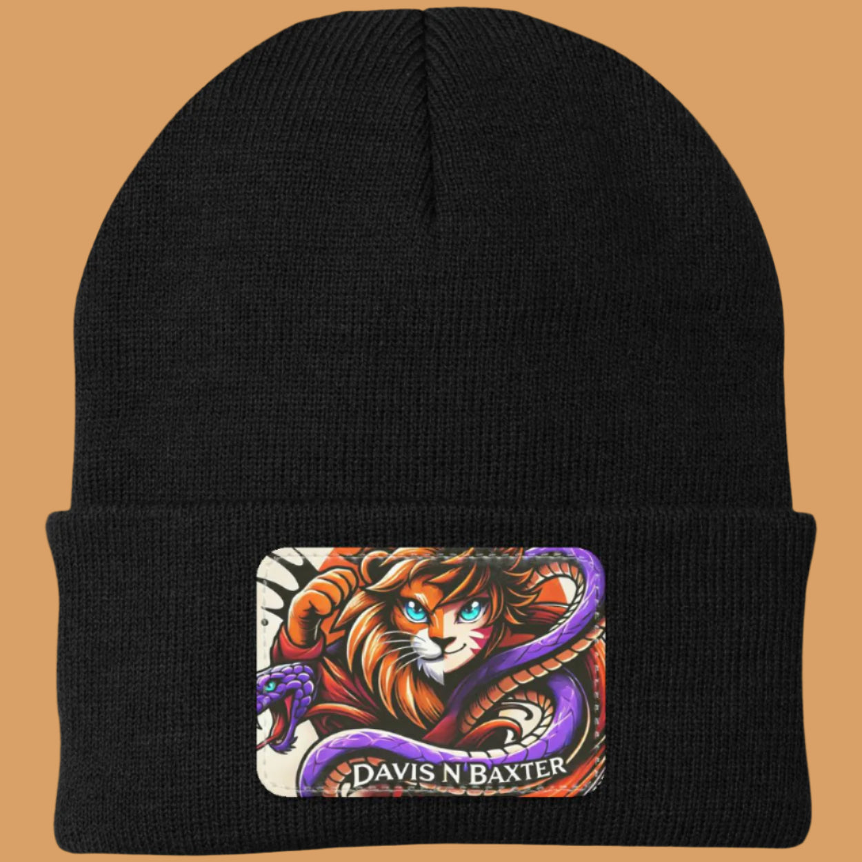 Black Davis N Baxter Beanie with Black rim tan background