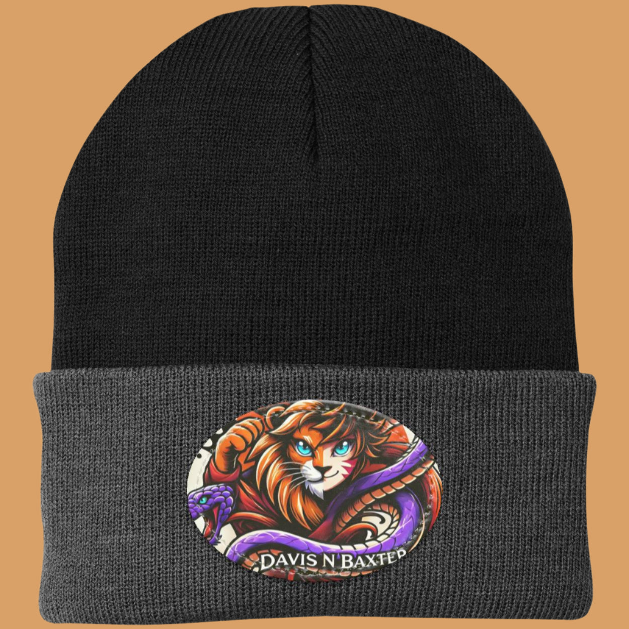 Black Davis N Baxter Beanie with dark gray rim tan background
