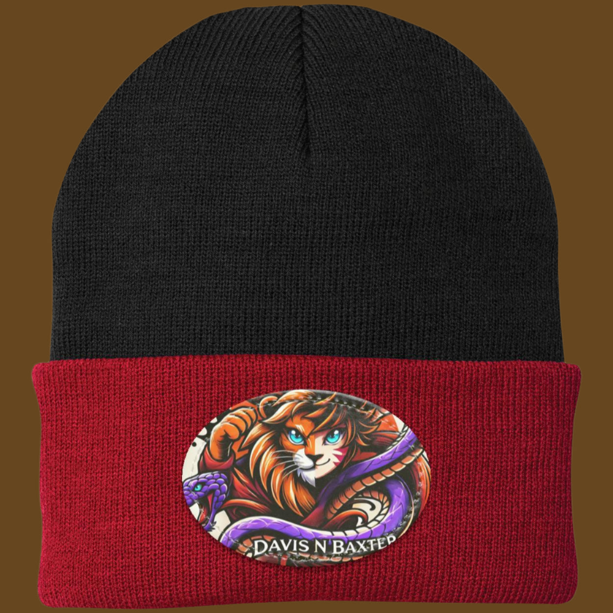 Black Davis N Baxter Beanie with red rim brown background