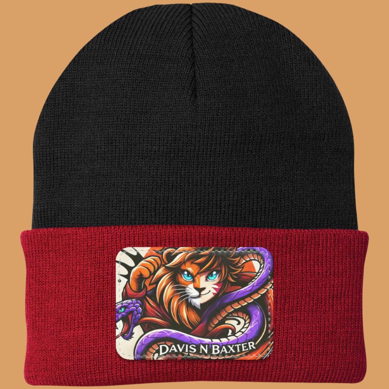 Black Davis N Baxter Beanie with red rim tan background