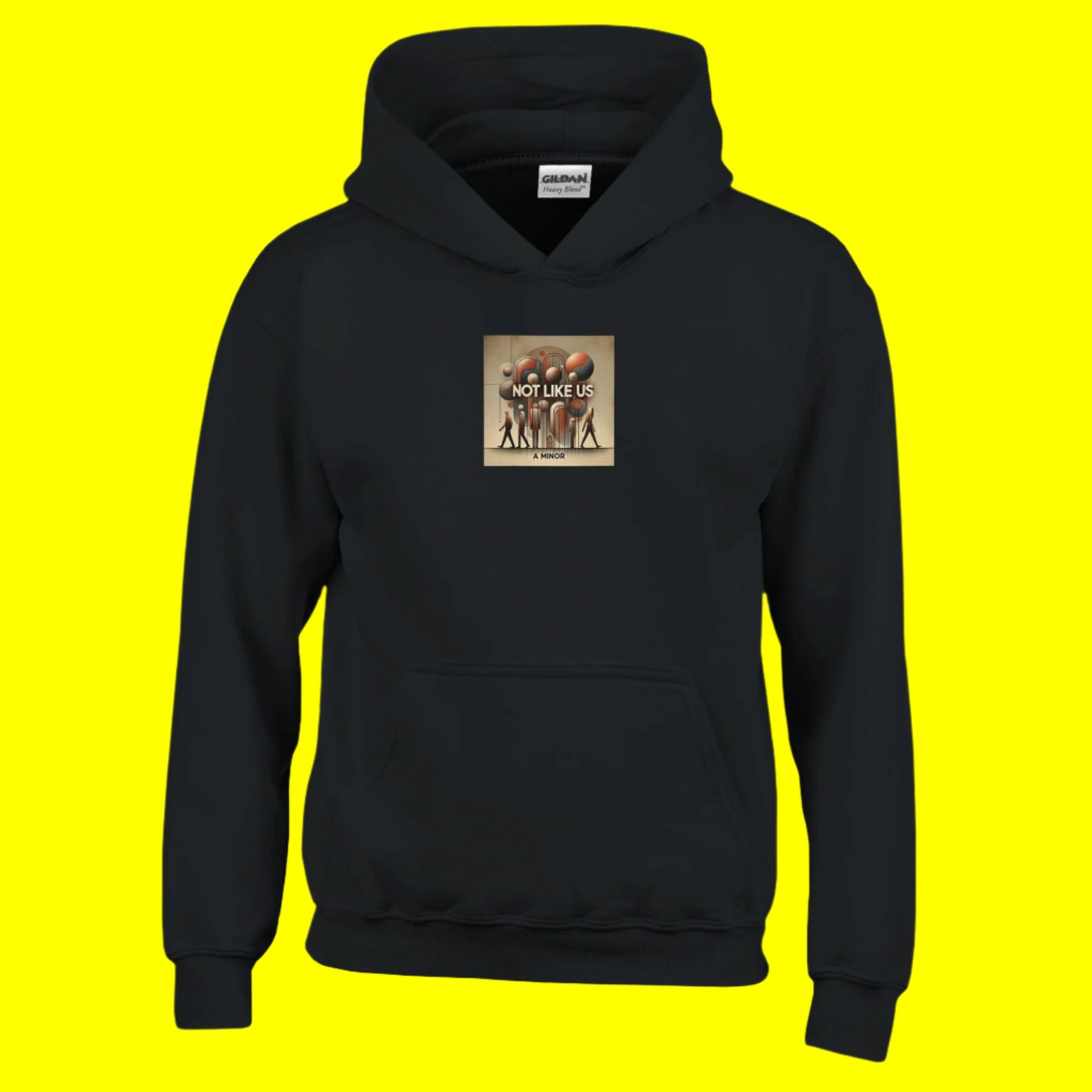 Black Hoodie sweatshirt with Not like us brown printed on the chest yellow background