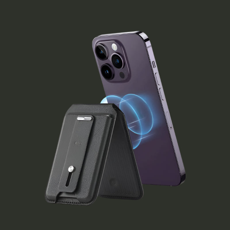 Black Magnetic Card holder holding a black phone up in portrait position