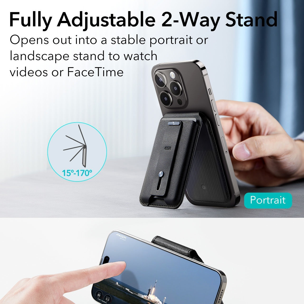Black Magnetic Card holder holding a black phone up in portrait position  with adjustable position chart