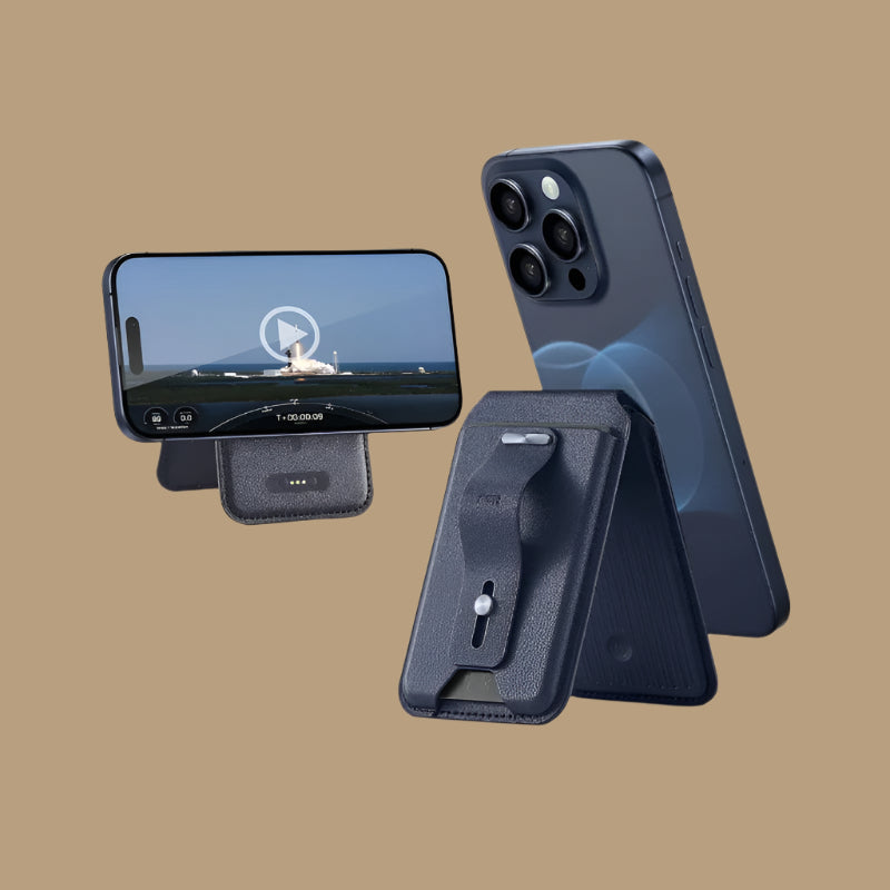 Black Magnetic Card holder holding a navy blue phone up in portrait position