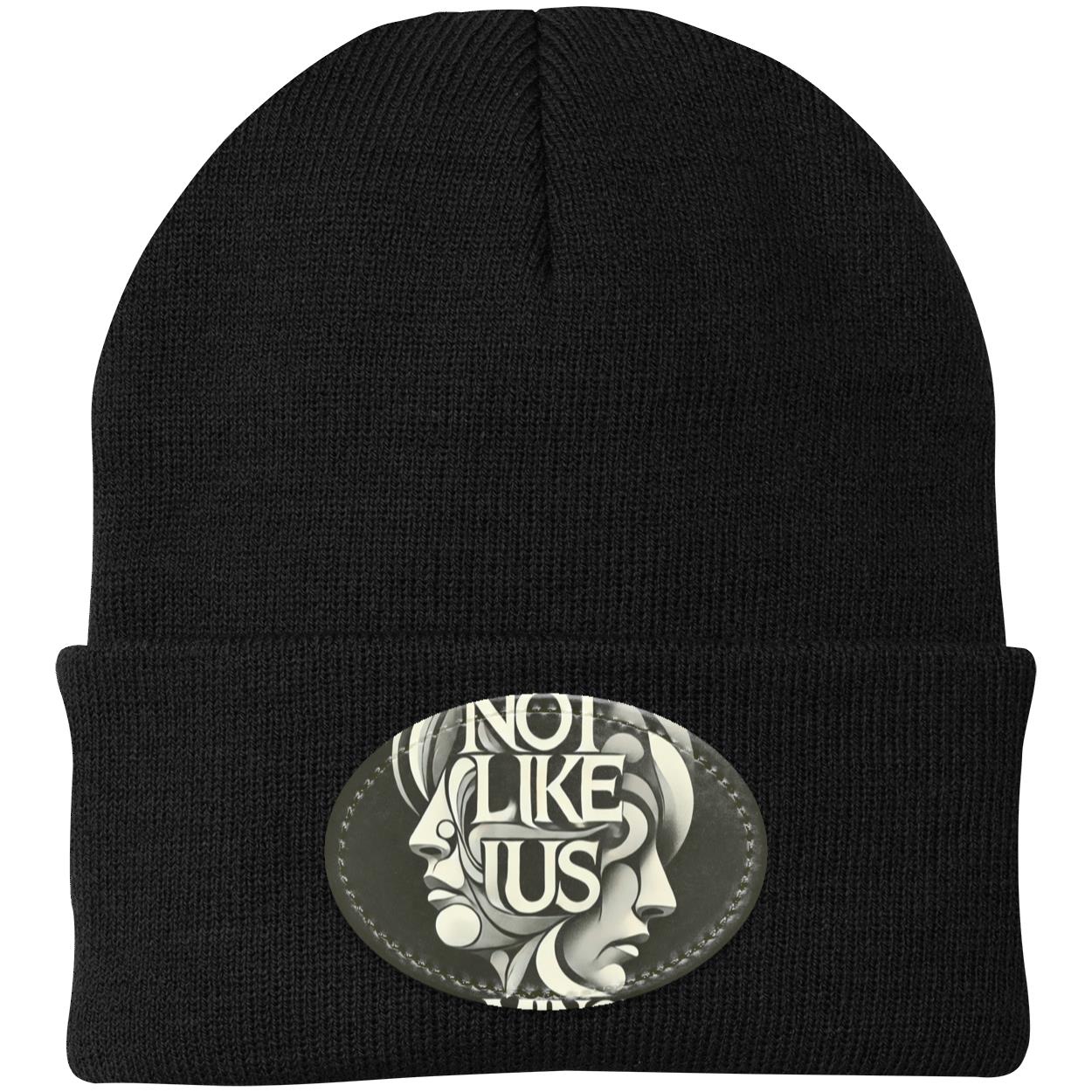 Black Not like us black beanie with Black rim white background