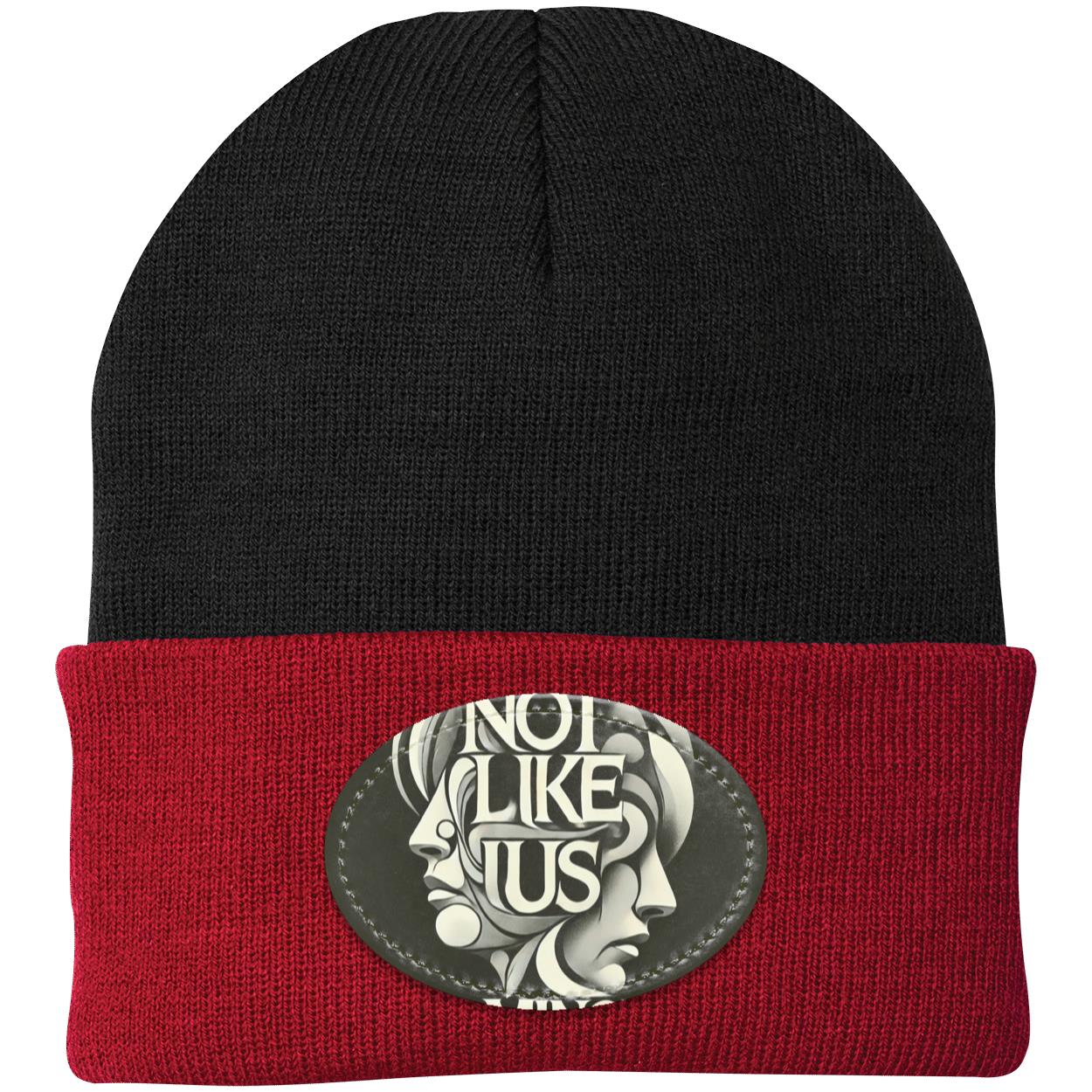 Black Not like us black beanie with red rim white background