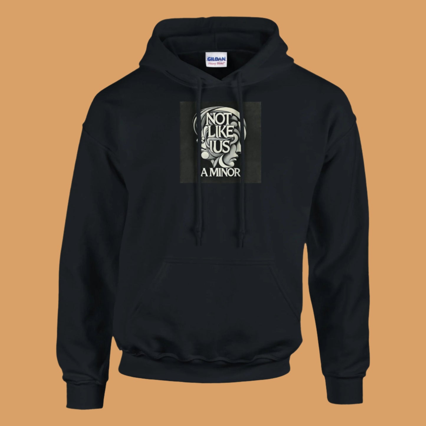 Black hoodie sweatshirt with not like us a minor black printed on the chest tan background