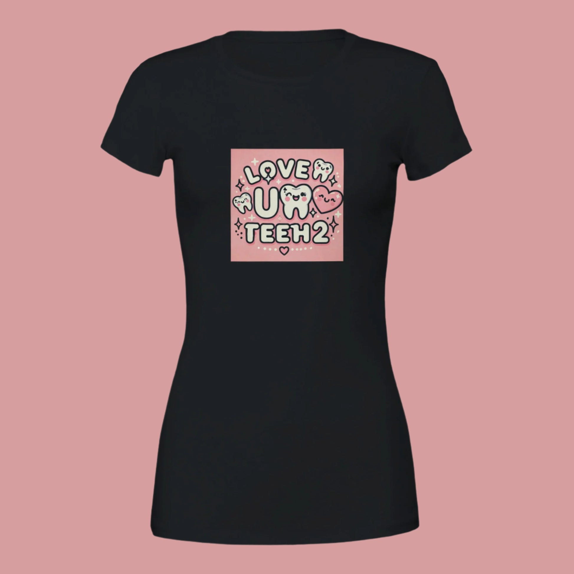 Black huger crewneck Tshirt with Love u teeh 2 printed on the chest pink background