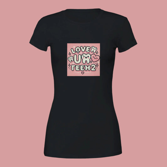 Black huger crewneck Tshirt with Love u teeh 2 printed on the chest pink background