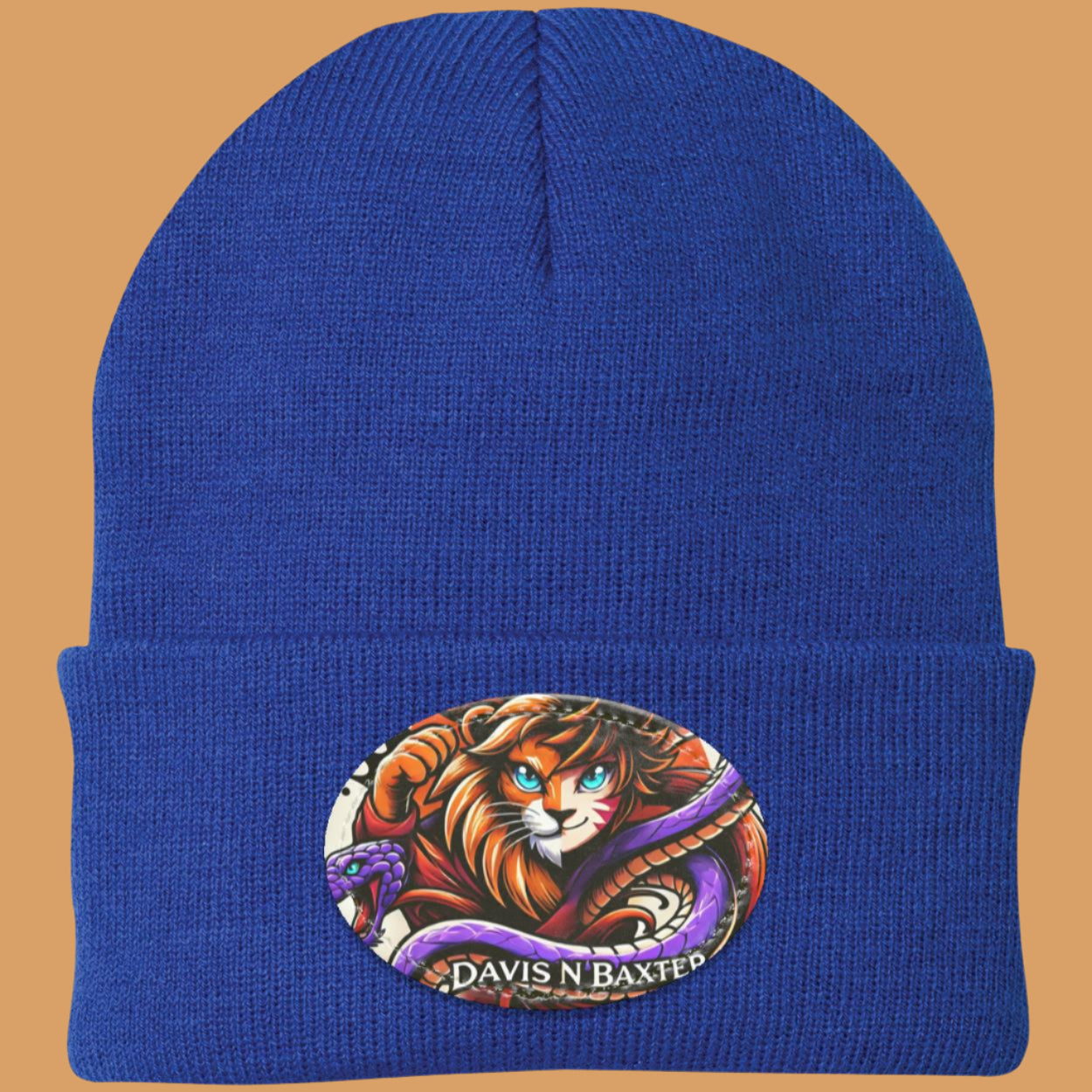 Blue Davis N Baxter Beanie with Blue rim peach background