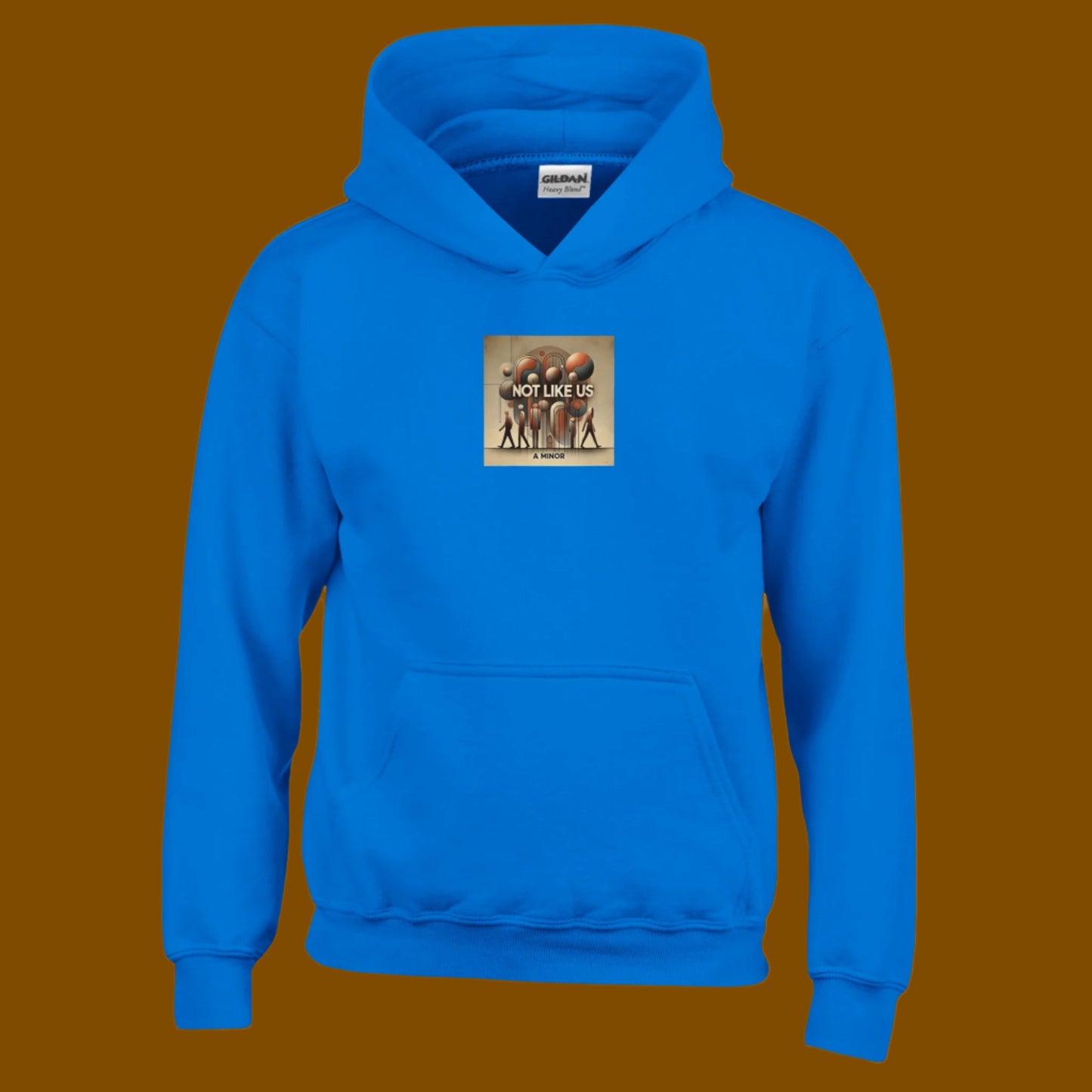 Blue Hoodie sweatshirt with Not like us brown printed on the chest Brown background