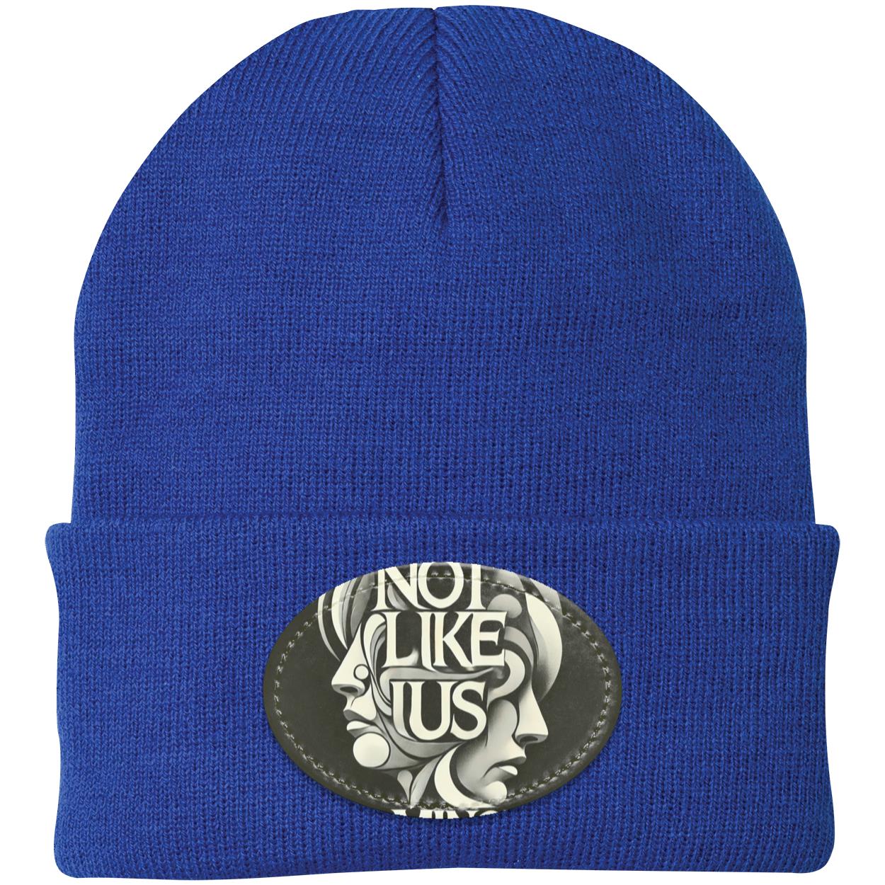 Blue blk Not like us beanie with blue rim white background