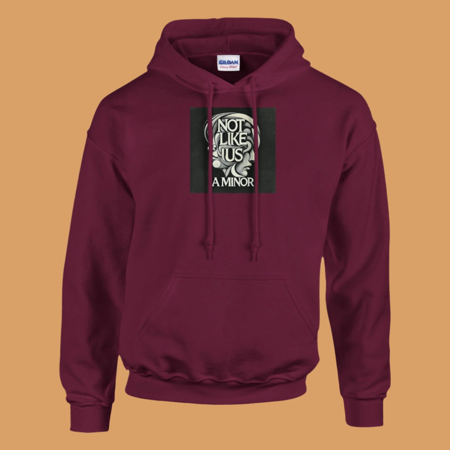 Burgundy hoodie sweatshirt with not like us a minor black printed on the chest tan background
