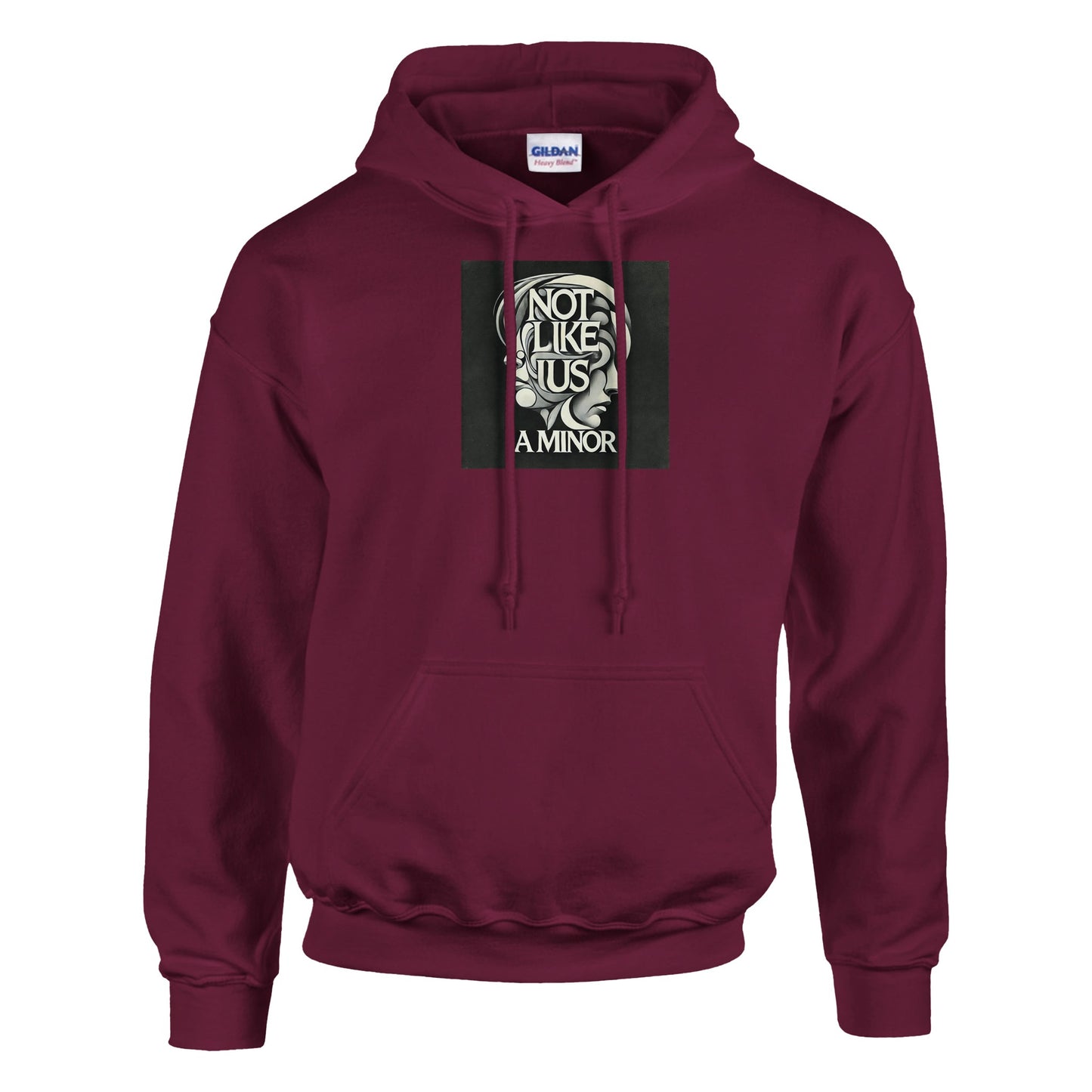 Burgundy hoodie sweatshirt with not like us a minor black printed on the chest white background