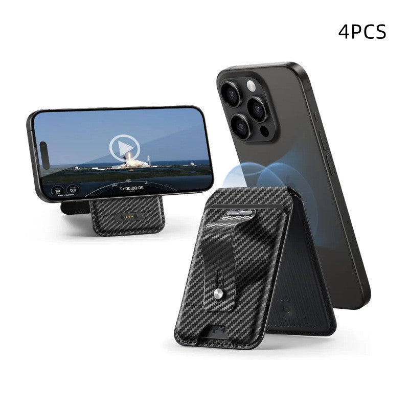Carbon fiber Magnetic Card holder holding a black phone up in portrait position
