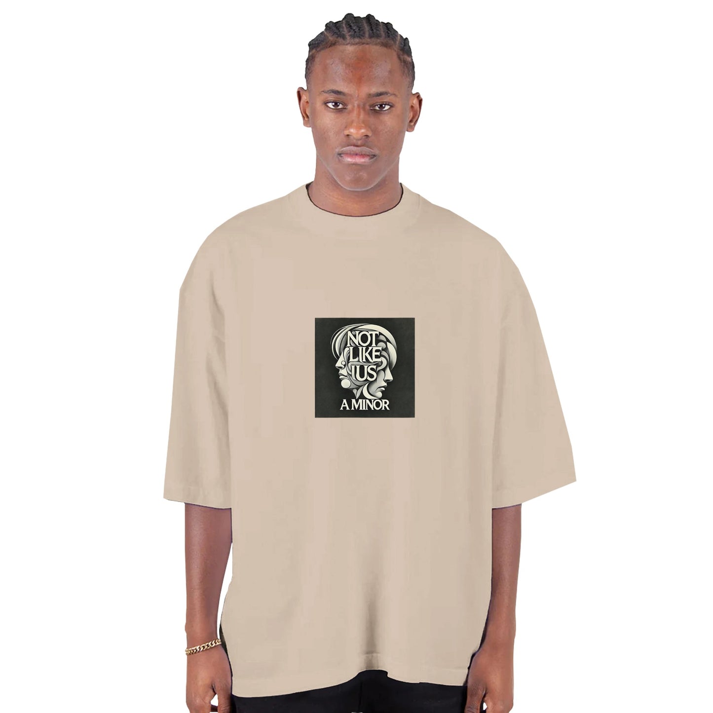Cream colored oversized T-shirt with not like us a minor black printed on the chest white background