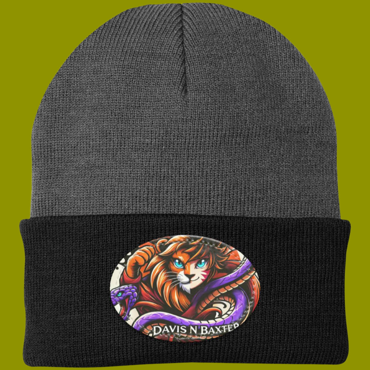 Dark Gray Davis N Baxter Beanie with Black rim olive green background