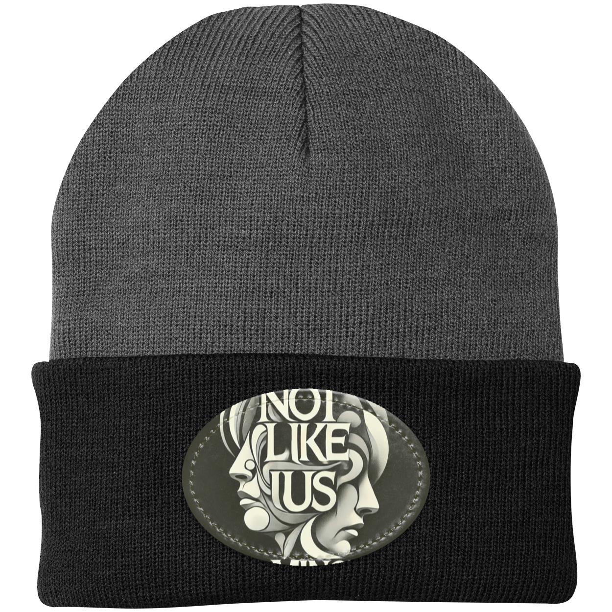 Dark Gray Not like us black beanie with black rim white background