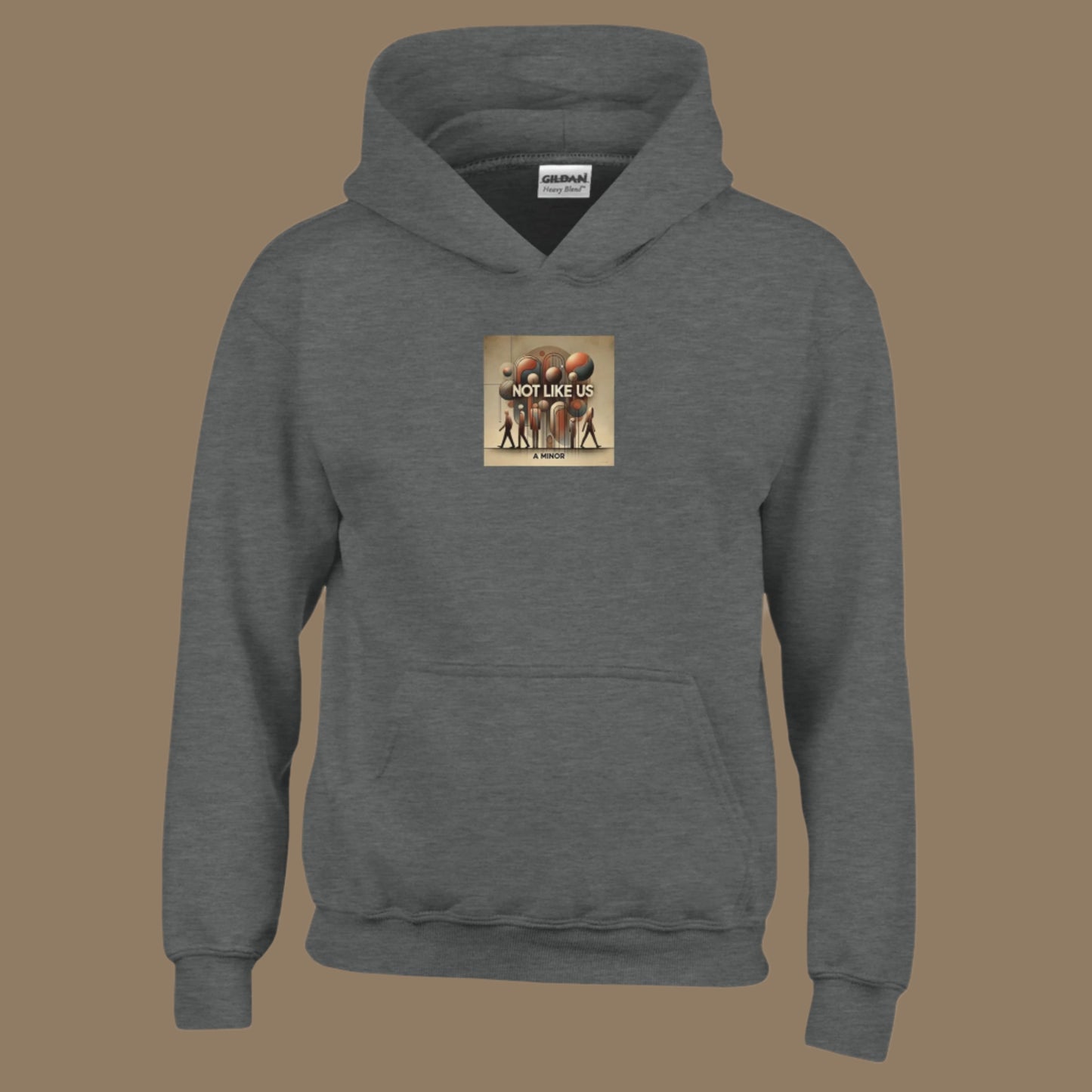 Dark gray Hoodie sweatshirt with Not like us brown printed on the chest Taupe colored background