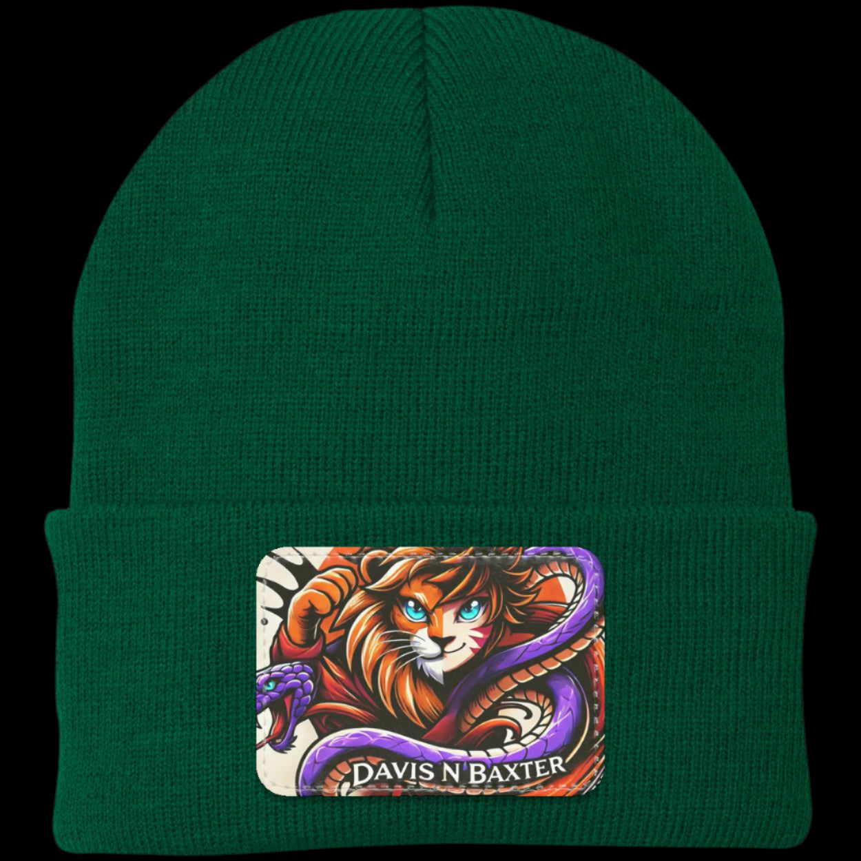 Forest green Davis N Baxter Beanie with forest green black peach background