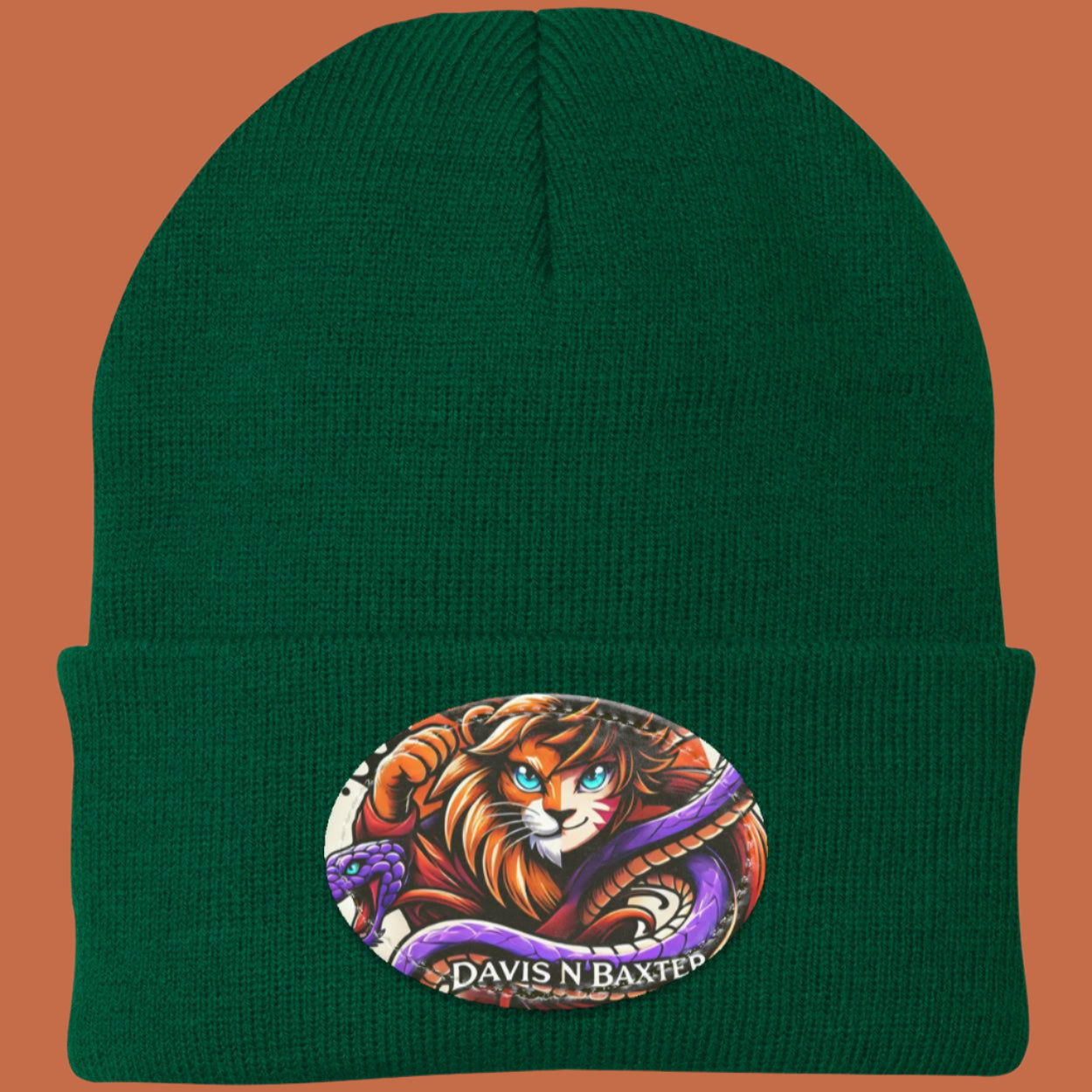 Forest green Davis N Baxter Beanie with forest green rim peach background
