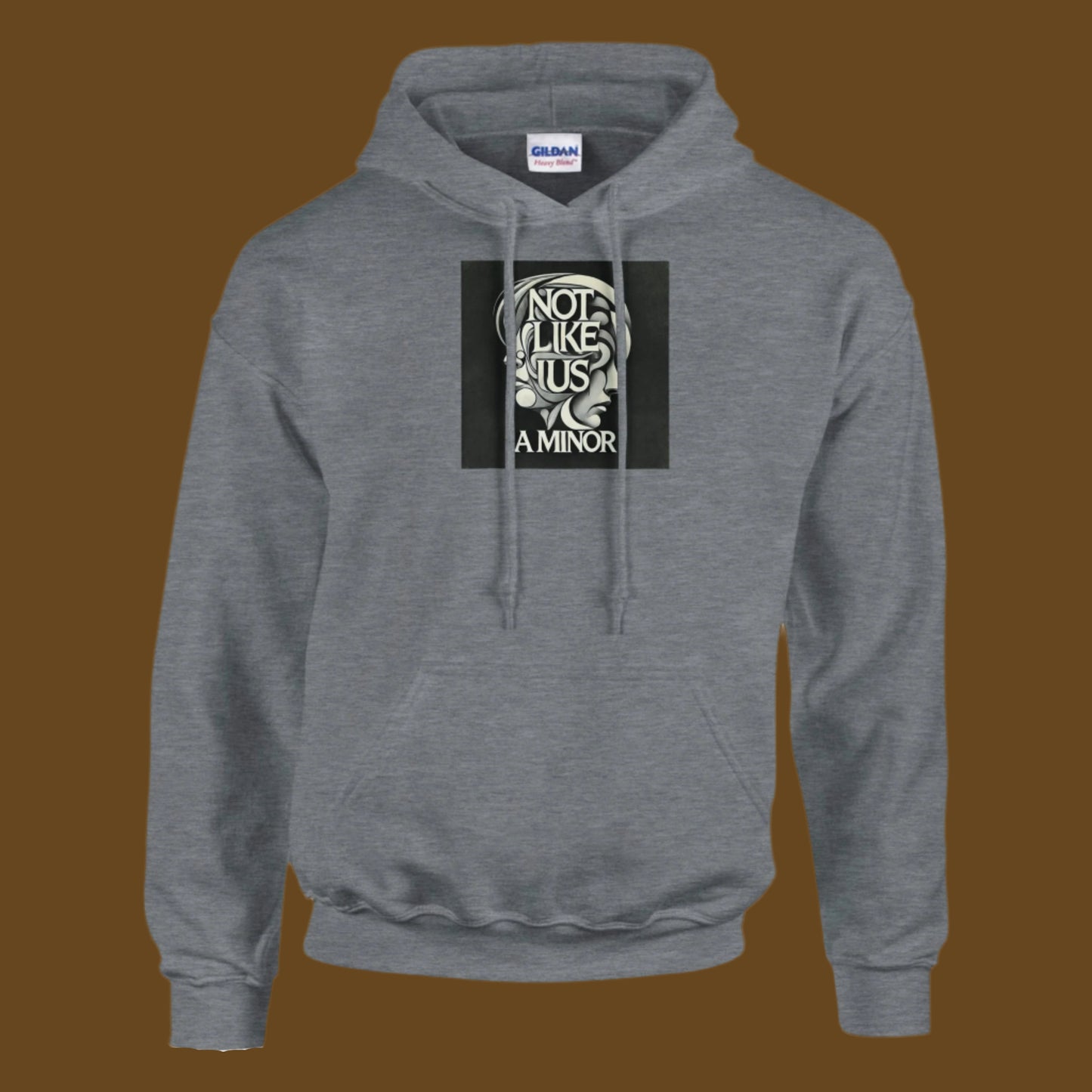 Gray hoodie sweatshirt with not like us a minor black printed on the chest brown background