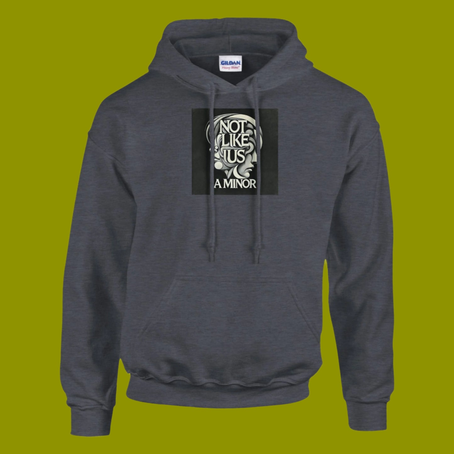Gray hoodie sweatshirt with not like us a minor black printed on the chest green background