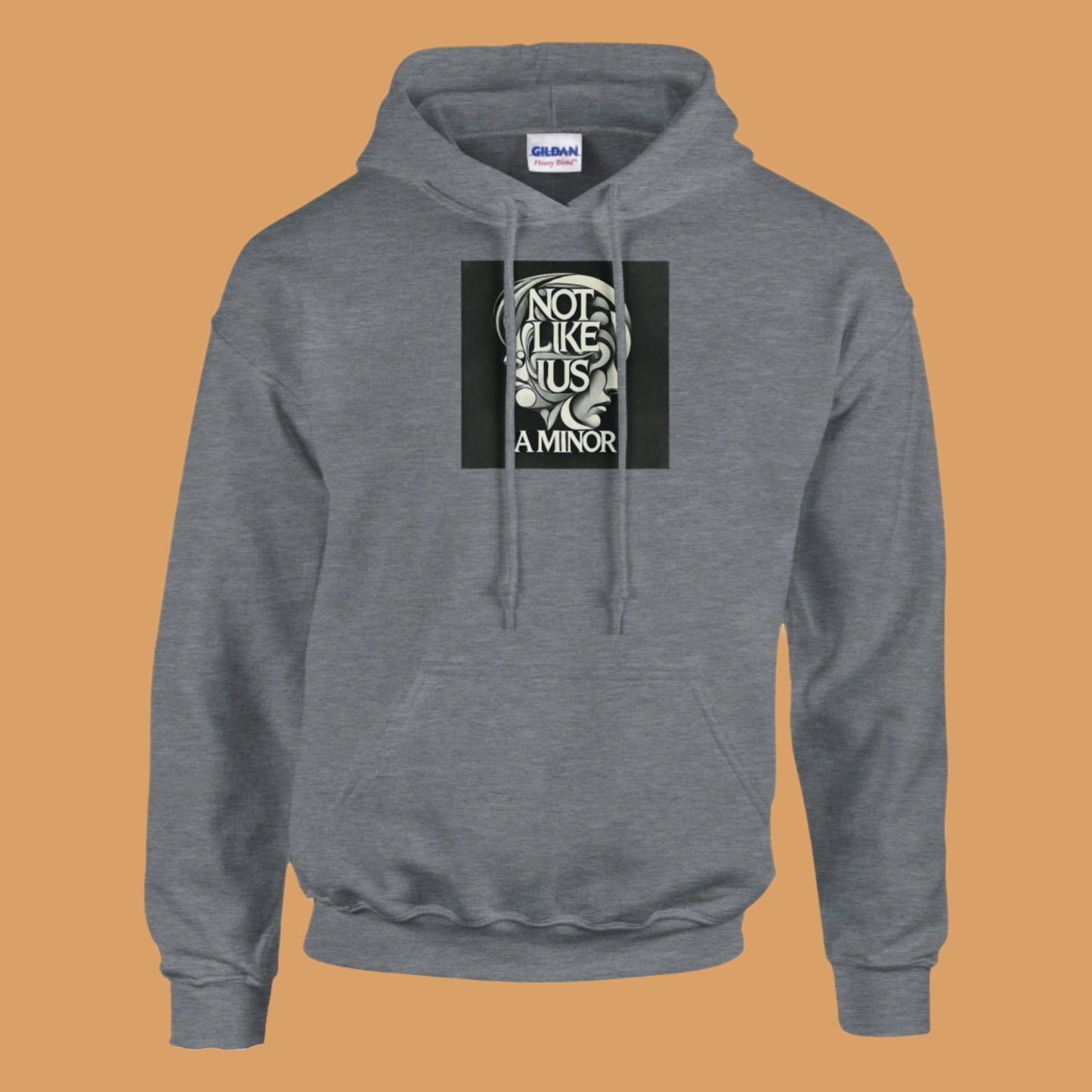 Gray hoodie sweatshirt with not like us a minor black printed on the chest tan background