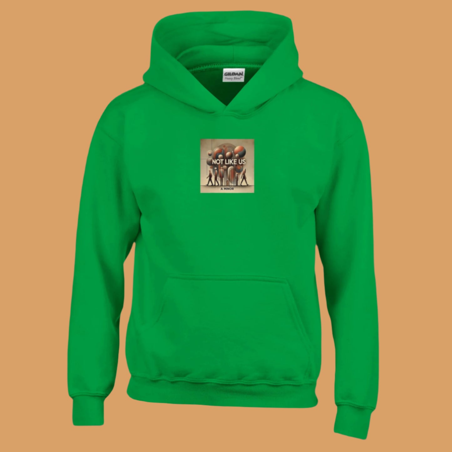 Green Hoodie sweatshirt with Not like us brown printed on the chest Taupe colored background