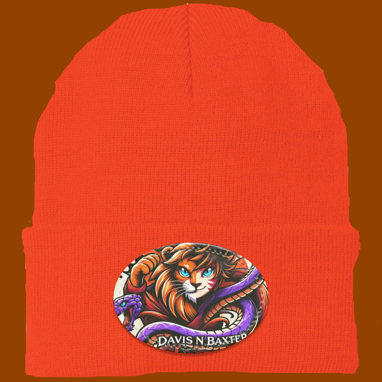 Hot Orange Davis N Baxter Beanie with Hot Orange rim Burnt Orange background