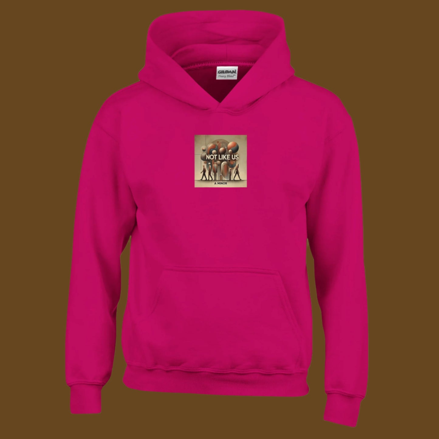 Hot Pink Hoodie sweatshirt with Not like us brown printed on the chest Mocha colored background