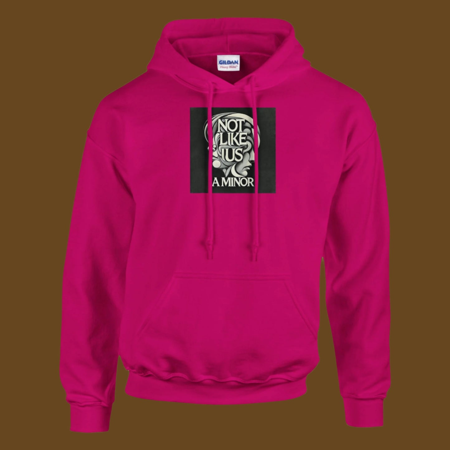 Hot pink hoodie sweatshirt with not like us a minor black printed on the chest brown background