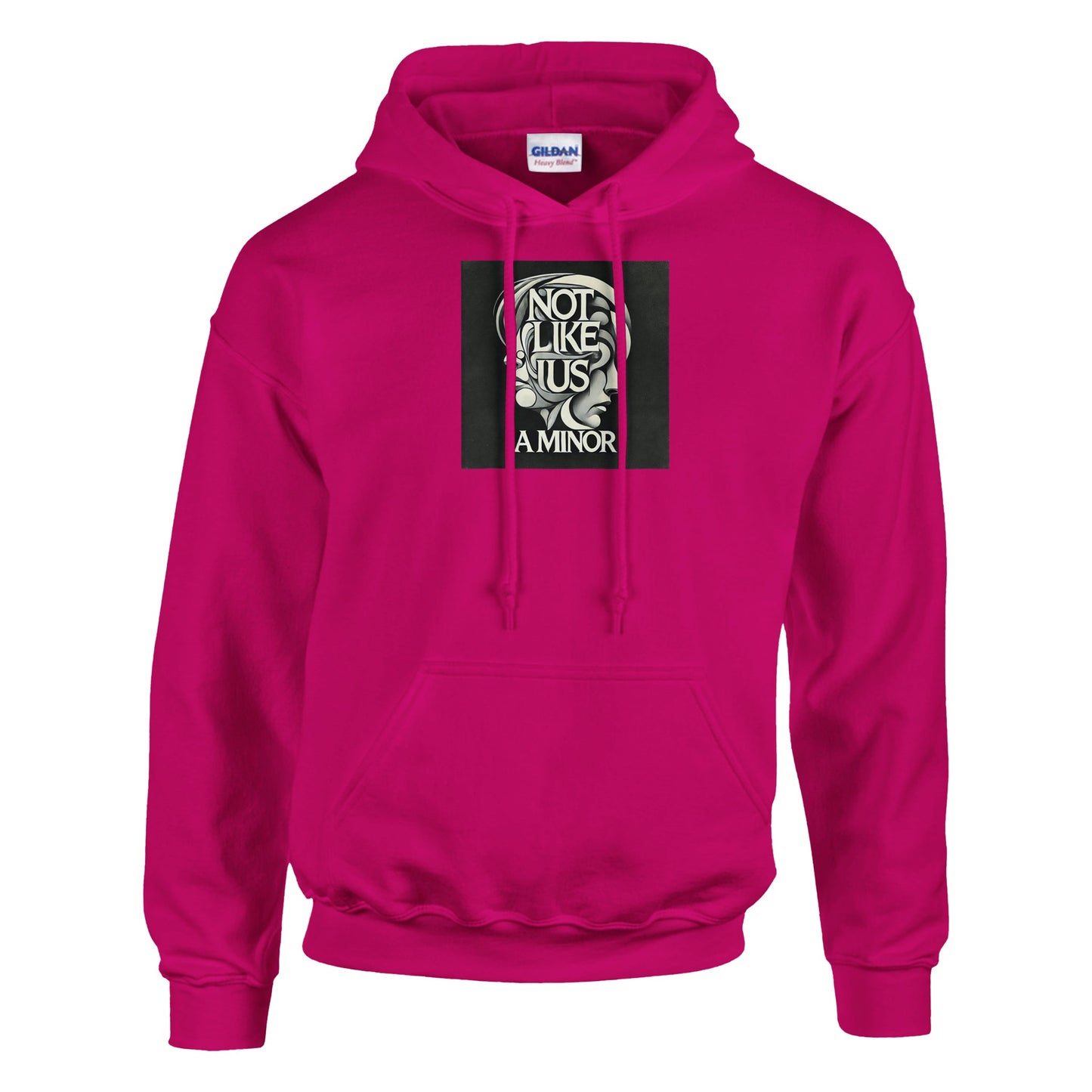 Hot pink hoodie sweatshirt with not like us a minor black printed on the chest white background