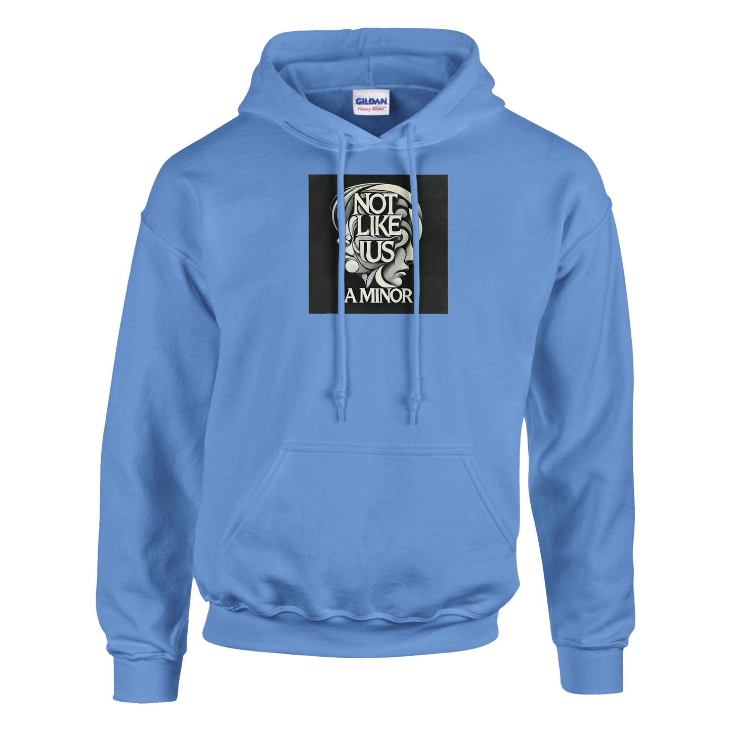 Light blue hoodie sweatshirt with not like us a minor black printed on the chest white background