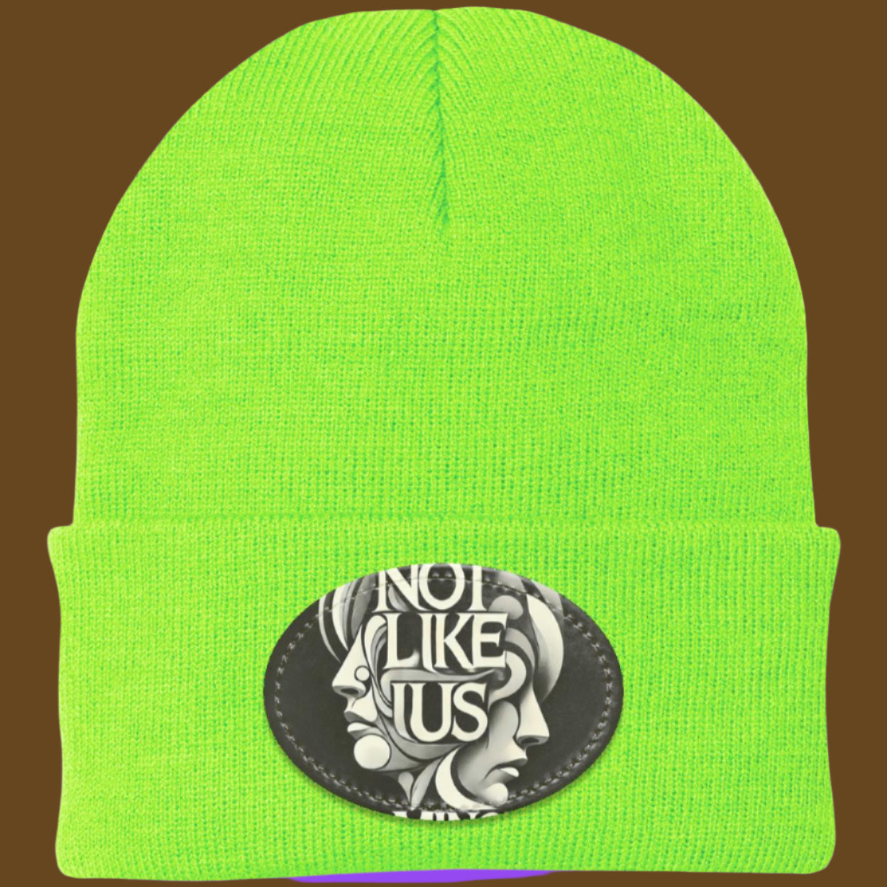 Lime Green Not like us black beanie with lime green rim brown background