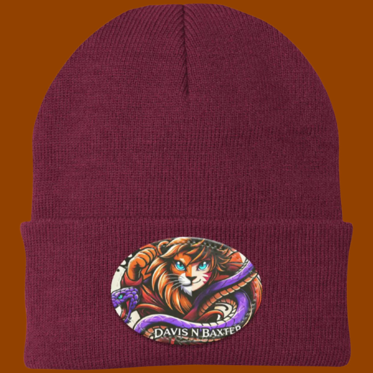 Maroon Davis N Baxter Beanie with Maroon rim sunset background