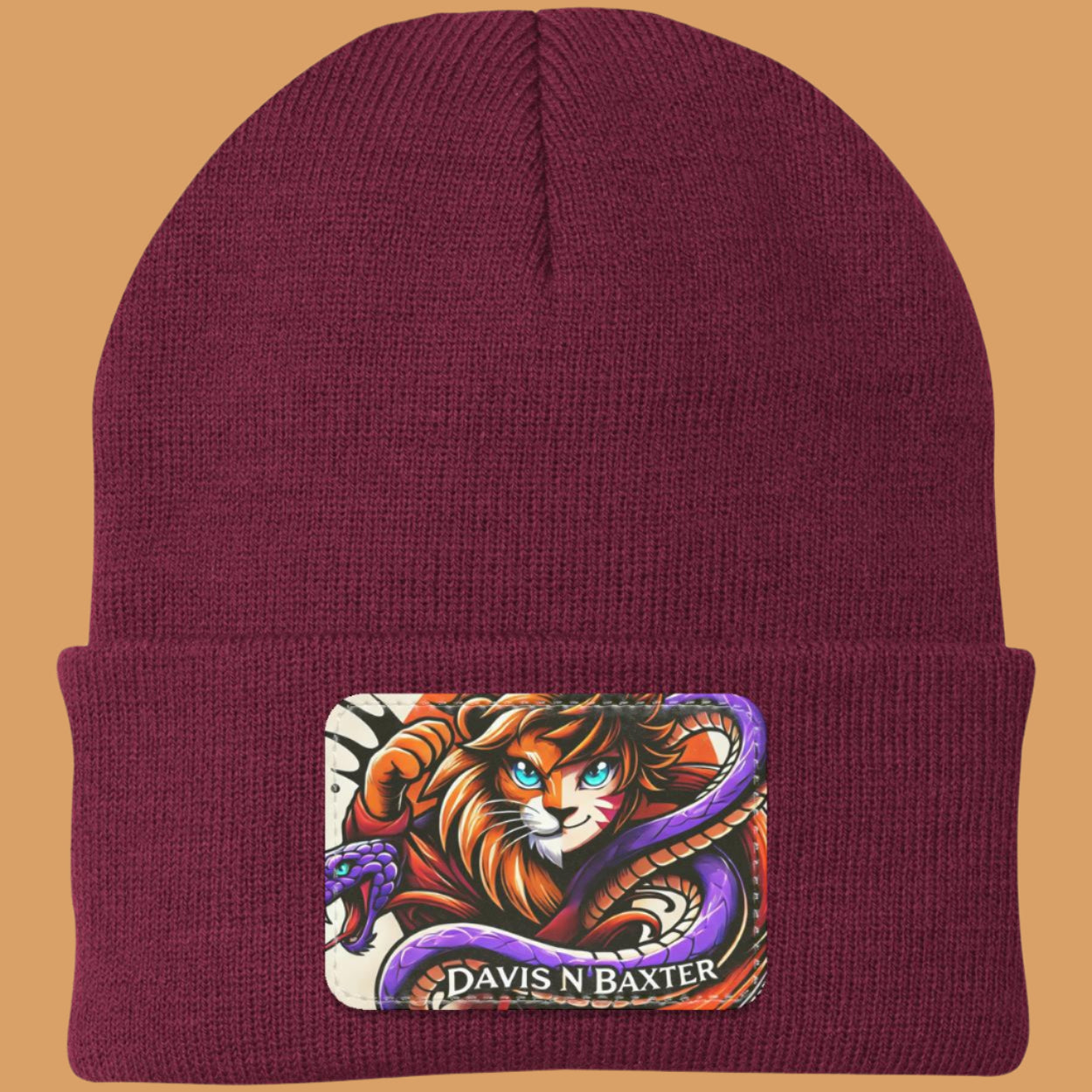 Maroon Davis N Baxter Beanie with Maroon rim tan background