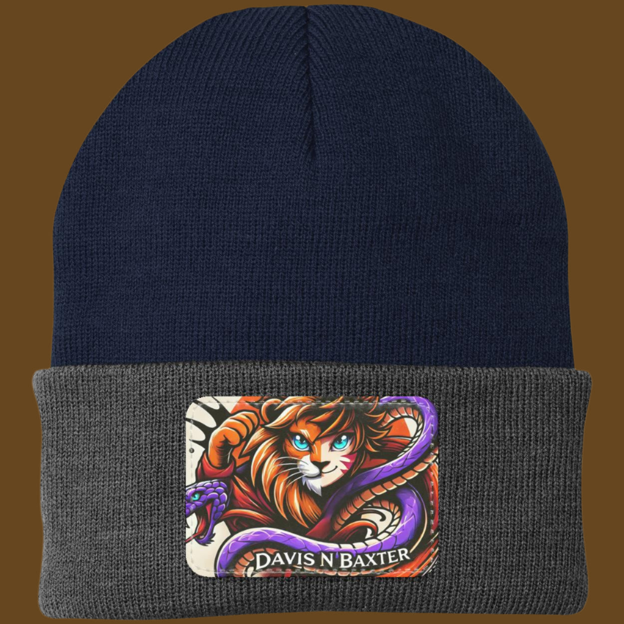 Navy Blue Davis N Baxter Beanie with Dark Gray rim Brown background