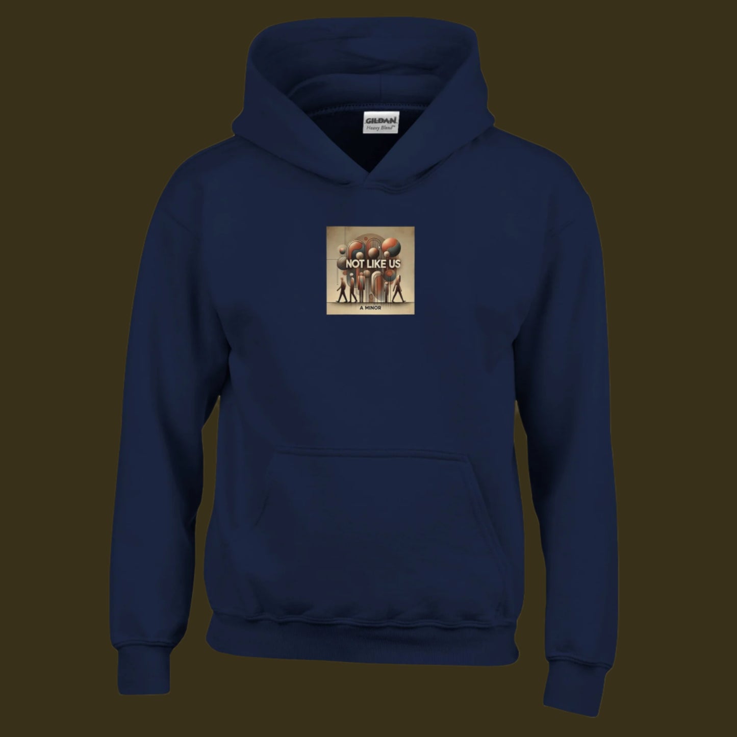 Navy Blue Hoodie sweatshirt with Not like us brown printed on the chest Brown background