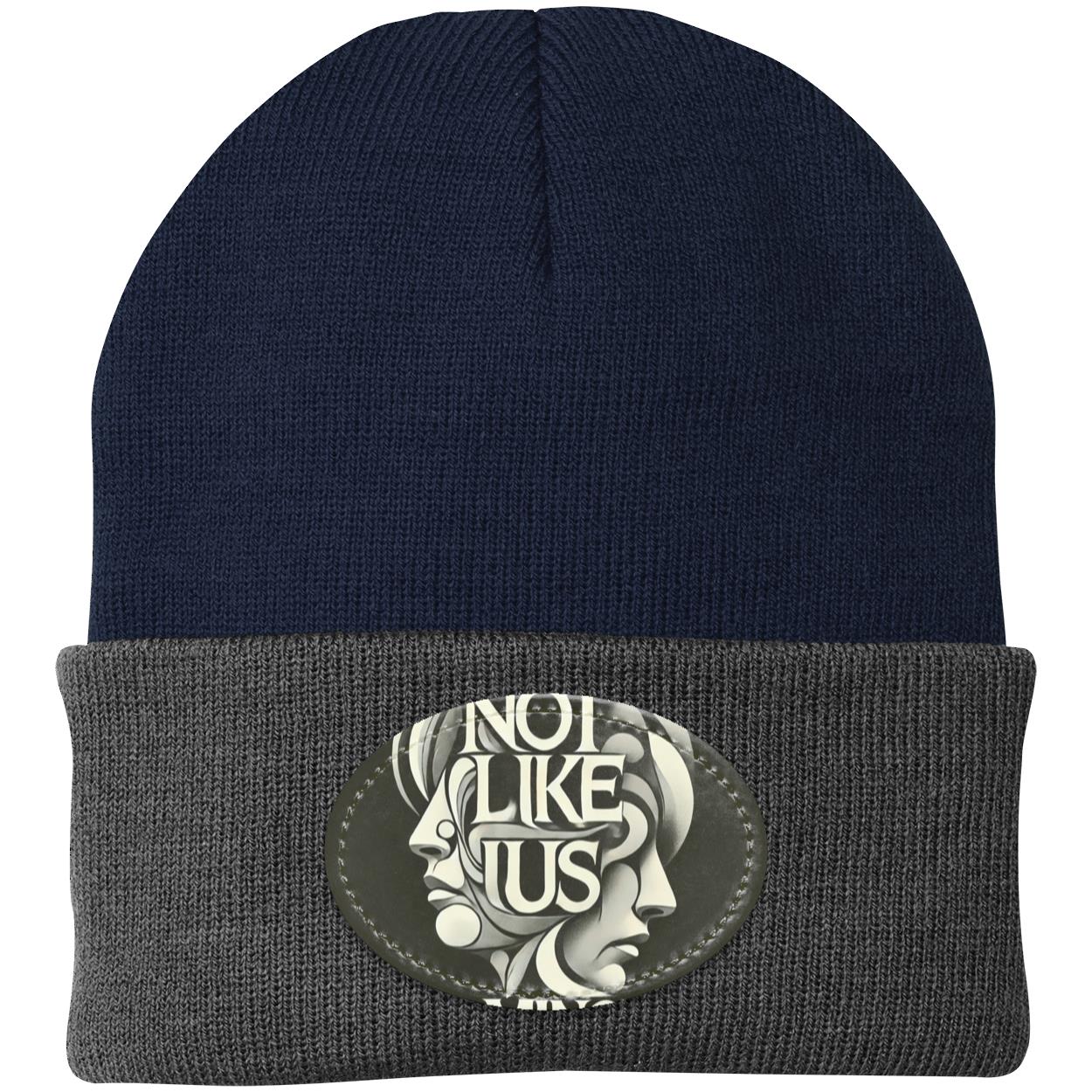 Navy Blue blk Not like us beanie with dark gray rim white background