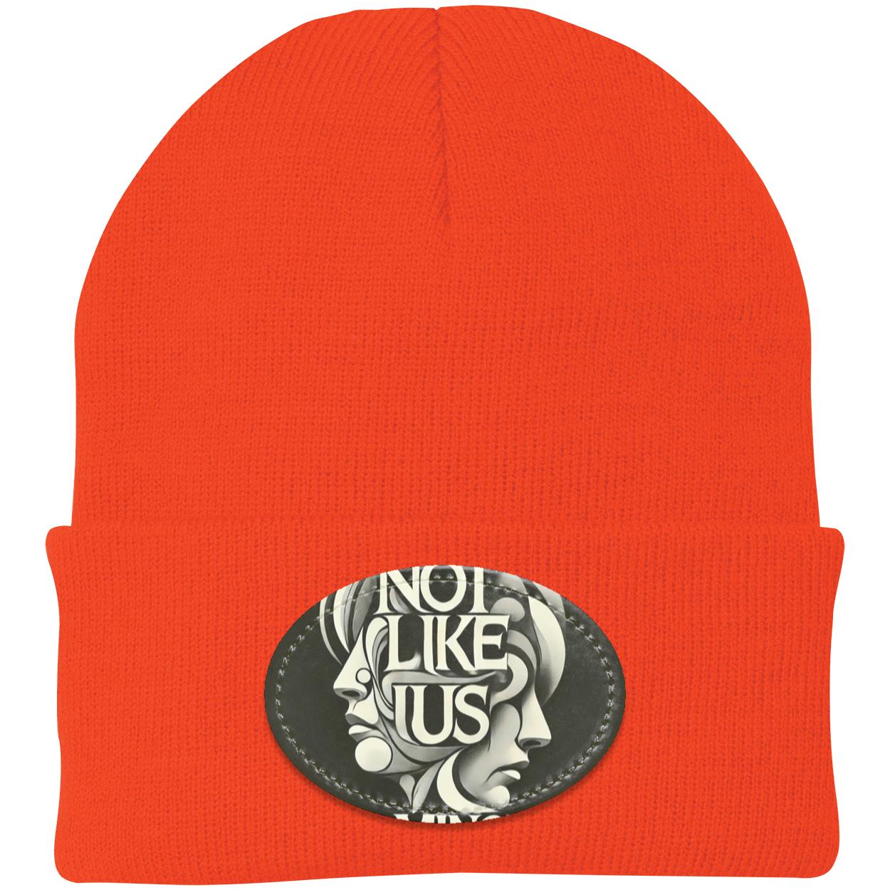 Orange Not like us black beanie with orange rim white background