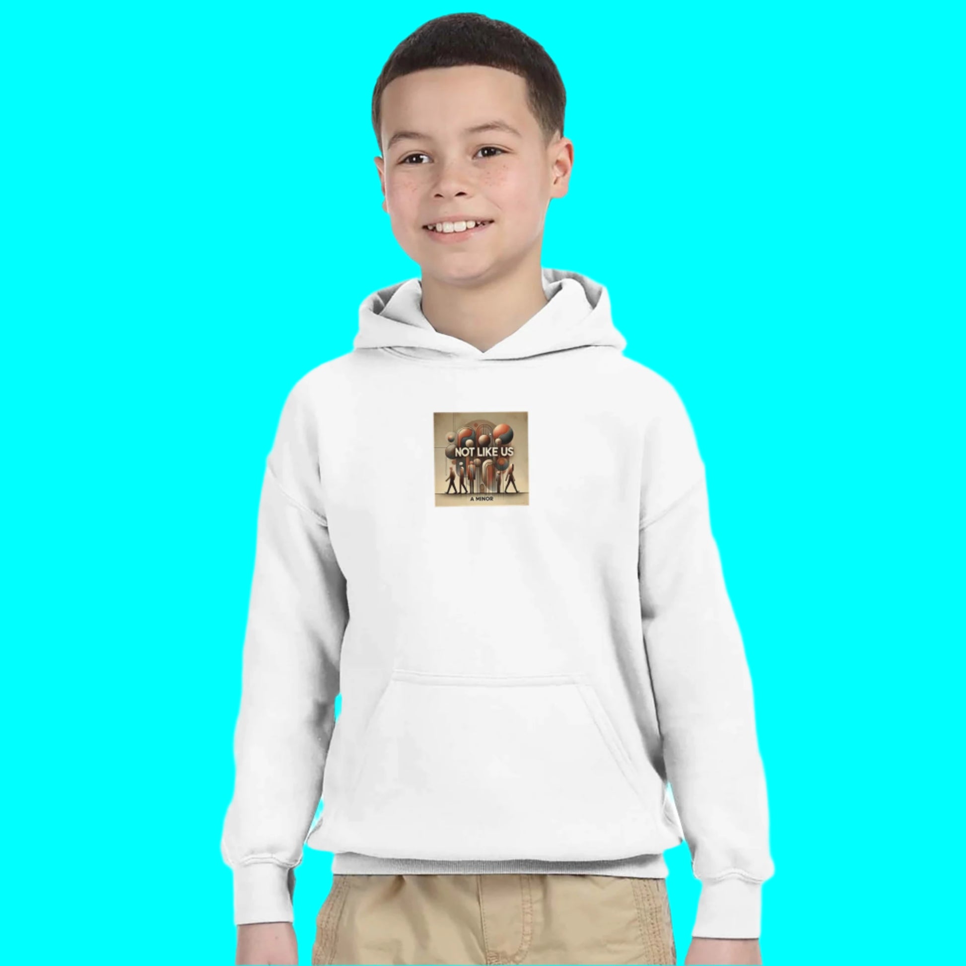 Pre teen wearing white Hoodie sweatshirt with Not like us printed on the chest sky blue background