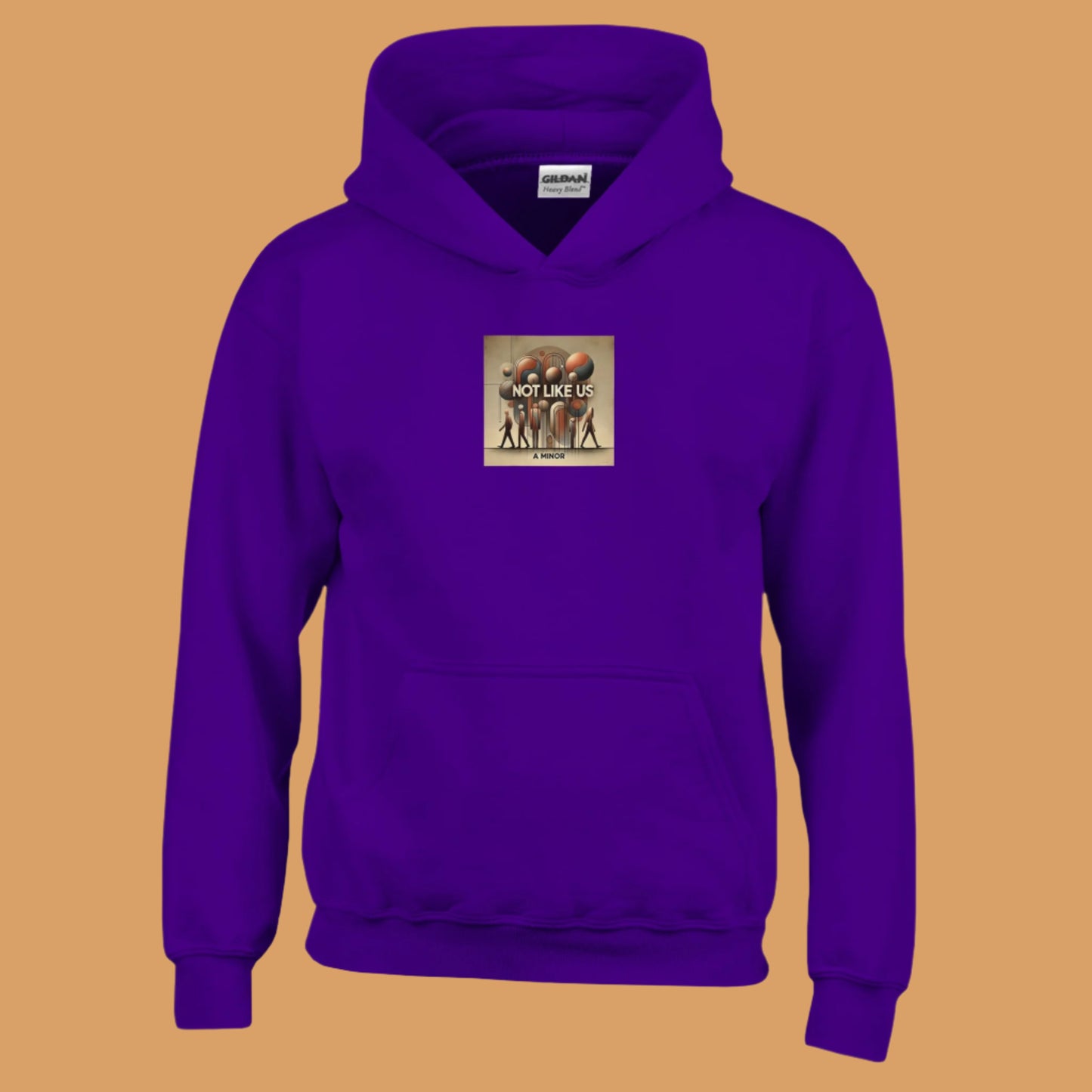 Purple Hoodie sweatshirt with Not like us brown printed on the chest beige colored background